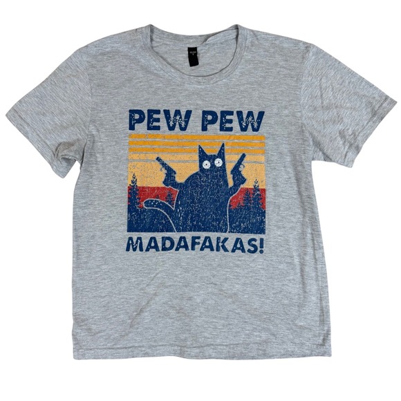 Other - Pew Pew Madafakas Cat Retro Graphic Tee S Sunset Gray T-Shirt Lightweight